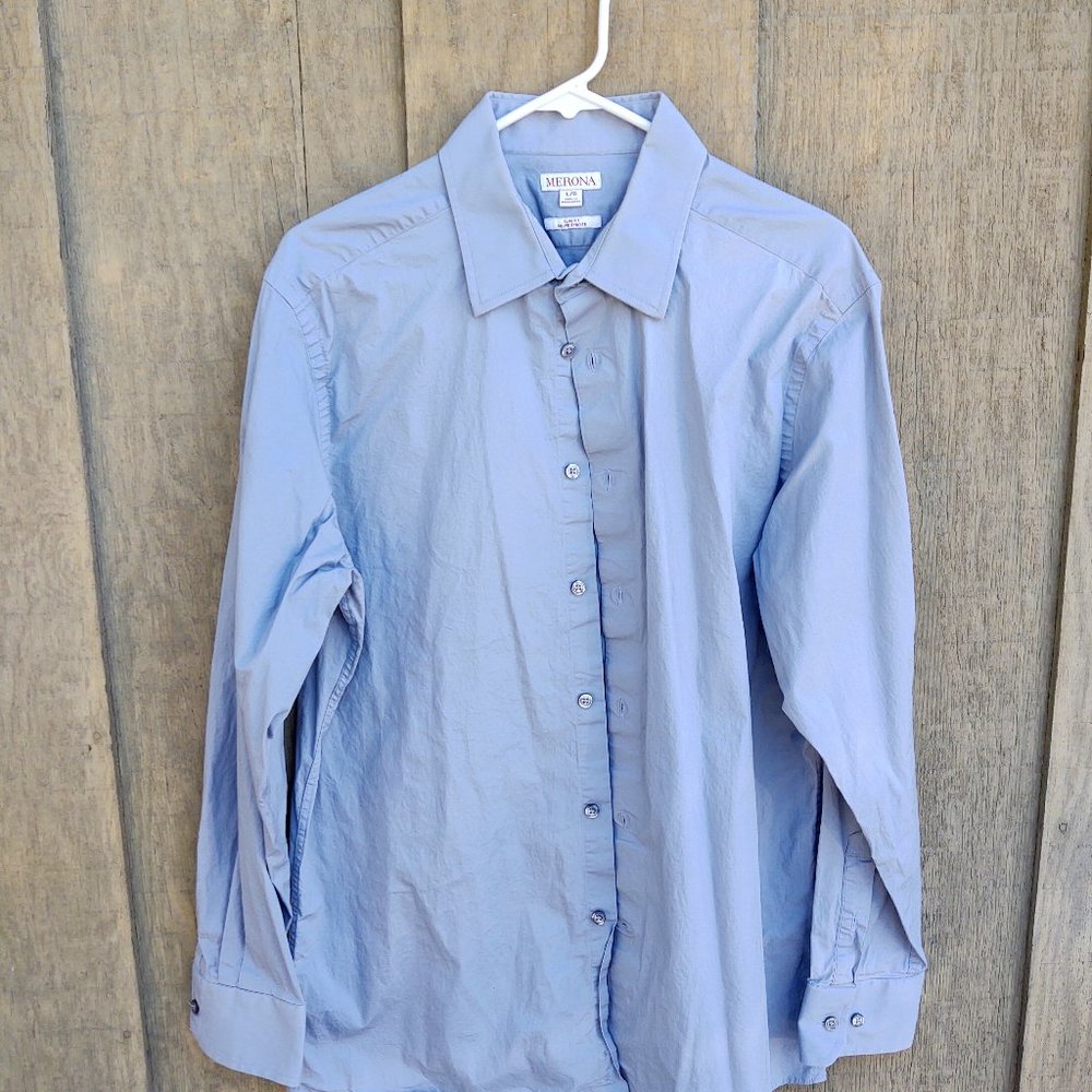 MERONA Brand Men’s Large Slim Fit Long-Sleeve 97% Cotton Dress Shirt Light Gray